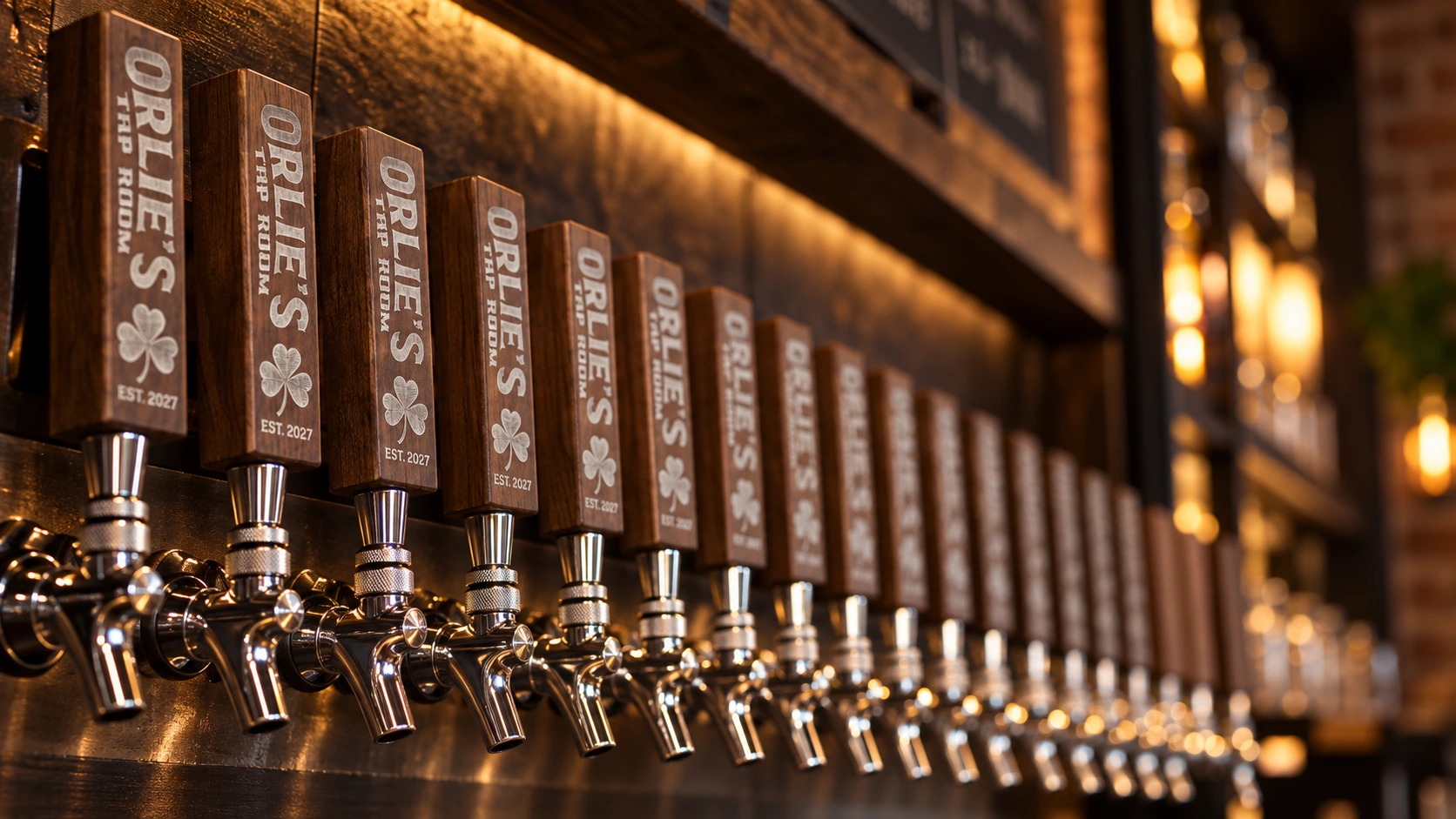 A close-up row of Orlie’s wooden tap handles in warm bar lighting